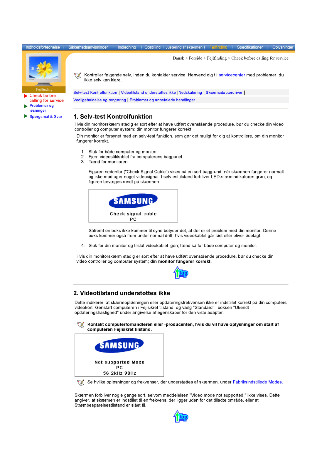 Samsung MH17ASSS/EDC manual Selv-test Kontrolfunktion, Videotilstand understøttes ikke, Check before calling for service 