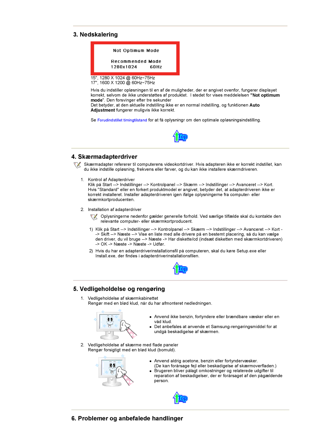 Samsung MH15ASSS/EDC Nedskalering, Skærmadapterdriver, Vedligeholdelse og rengøring, Problemer og anbefalede handlinger 