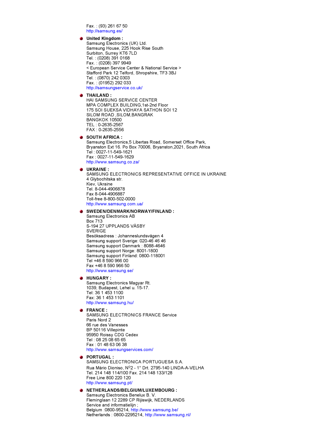 Samsung MH17ASSS/EDC manual Thailand, South Africa, Ukraine, Sweden/Denmark/Norway/Finland, Hungary, France, Portugal 