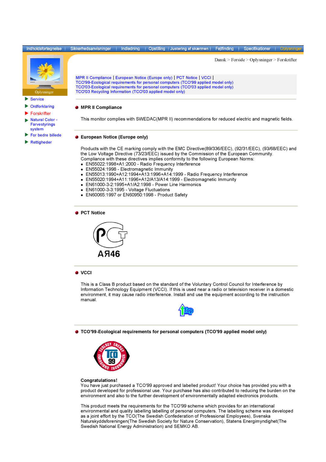 Samsung MH15ASSS/EDC, LS17MHASSZ/EDC manual Forskrifter, MPR II Compliance, European Notice Europe only, PCT Notice, Vcci 