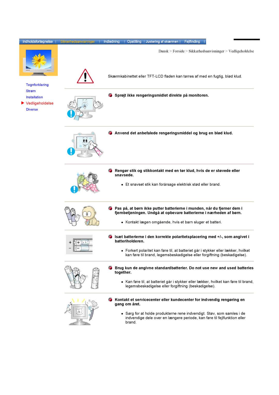 Samsung LS17MHASSZ/EDC, MH15ASSS/EDC manual Vedligeholdelse, Et snavset stik kan forårsage elektrisk stød eller brand 