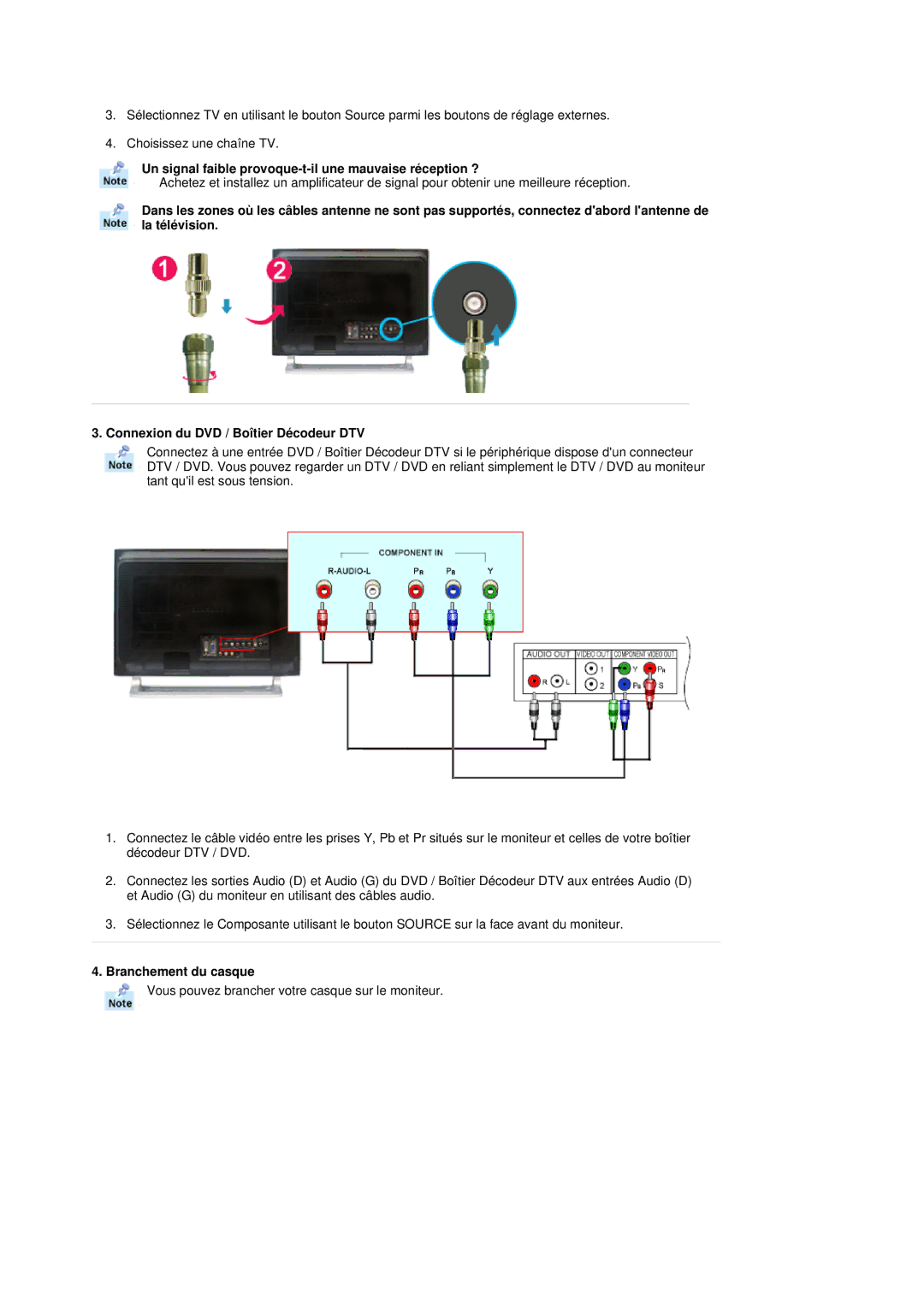 Samsung MH17FSSS/EDC, MH17FSSSU/EDC manual Un signal faible provoque-t-il une mauvaise réception ?, Branchement du casque 