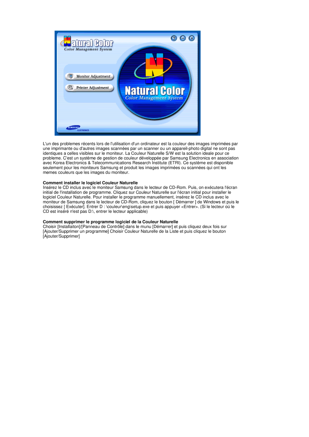 Samsung MH17FSSS/EDC, MH17FSSSU/EDC manual Comment installer le logiciel Couleur Naturelle 