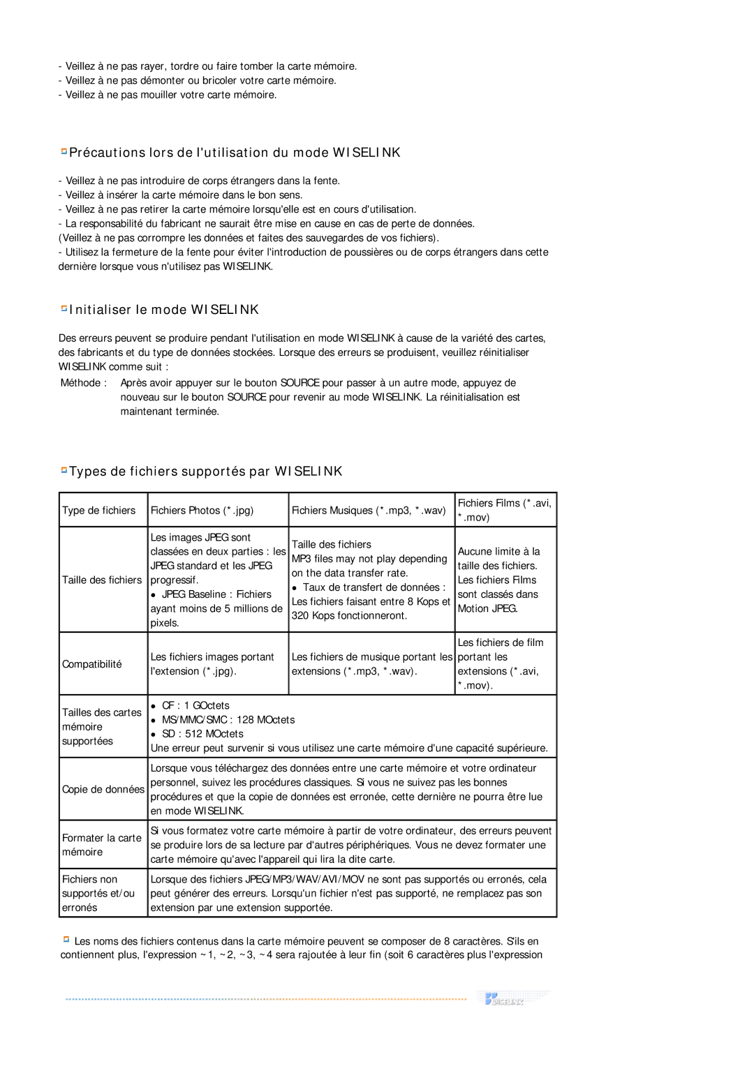 Samsung MH17FSSSU/EDC, MH17FSSS/EDC manual Précautions lors de lutilisation du mode Wiselink 