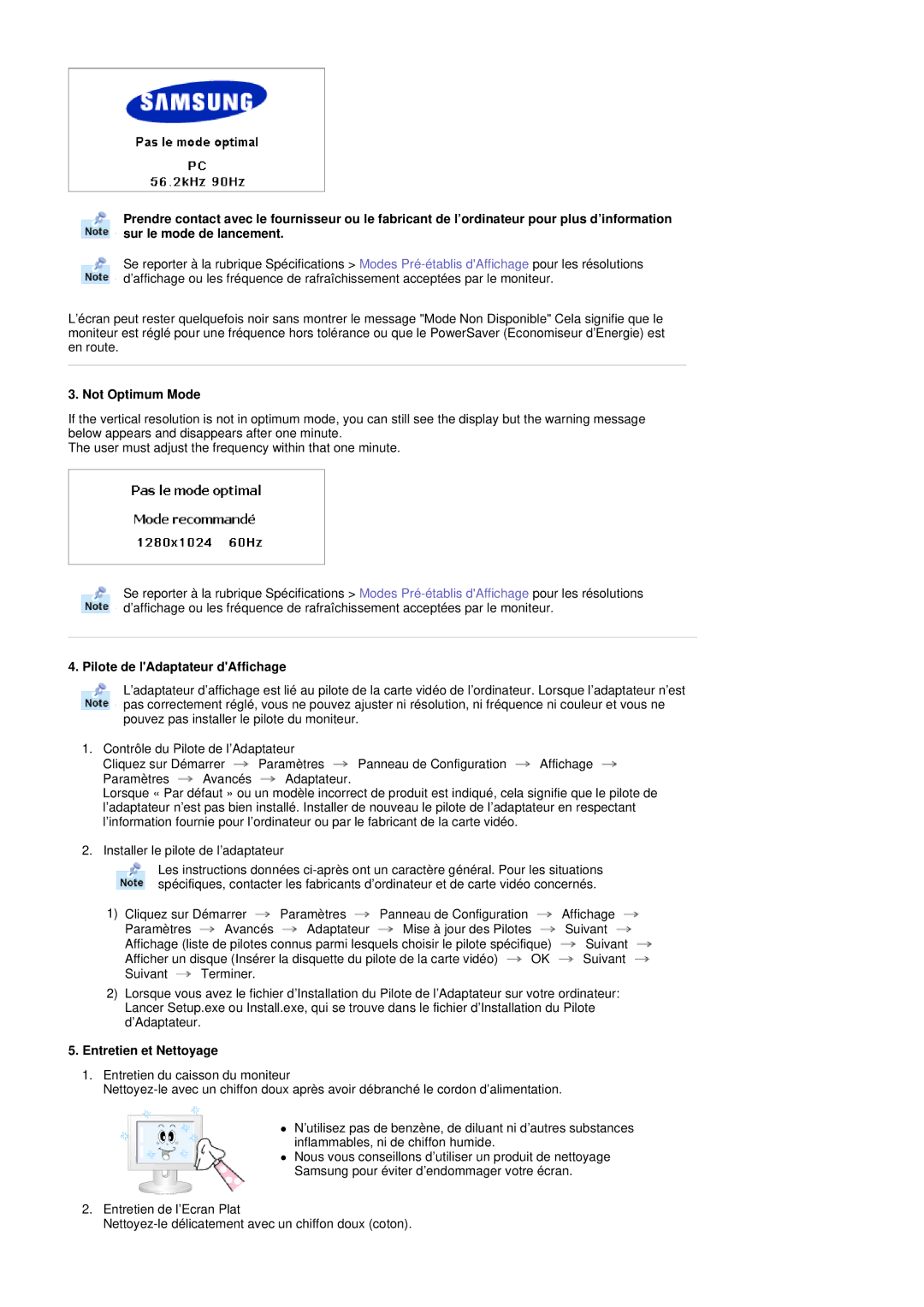 Samsung MH17FSSS/EDC, MH17FSSSU/EDC manual Not Optimum Mode, Pilote de lAdaptateur dAffichage, Entretien et Nettoyage 