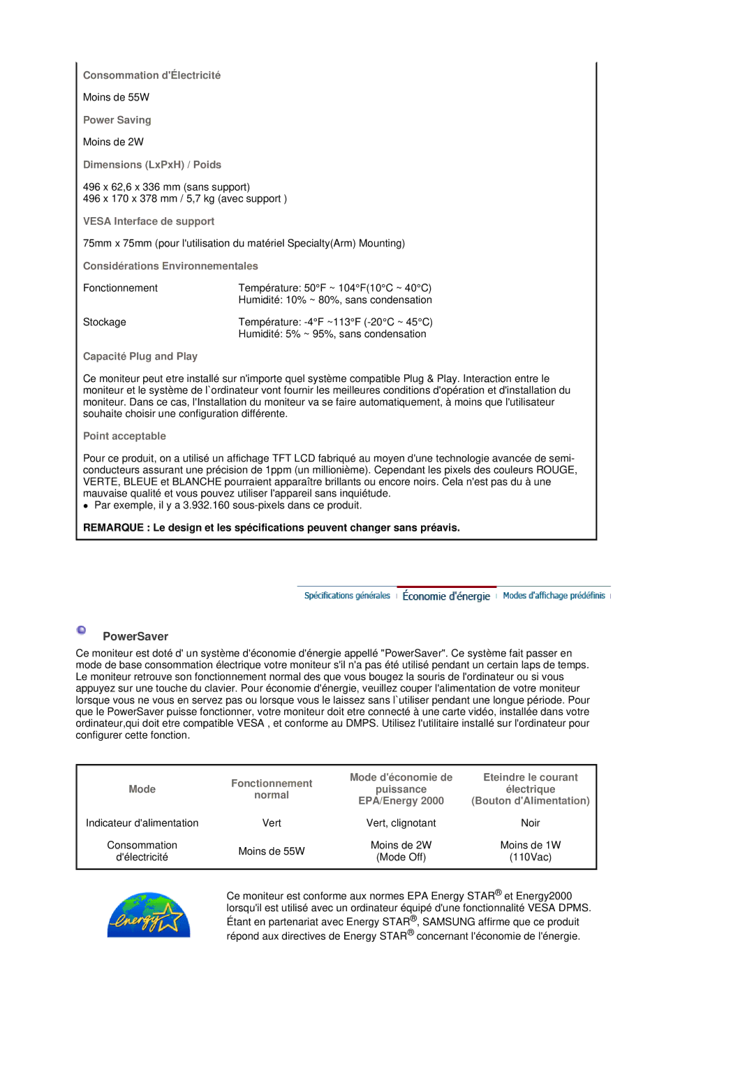 Samsung MH17FSSSU/EDC, MH17FSSS/EDC manual PowerSaver, Considérations Environnementales 