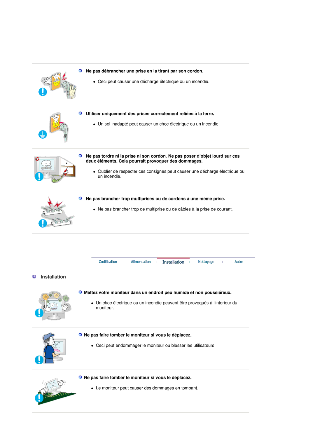 Samsung MH17FSSS/EDC, MH17FSSSU/EDC manual Installation, Ne pas débrancher une prise en la tirant par son cordon 