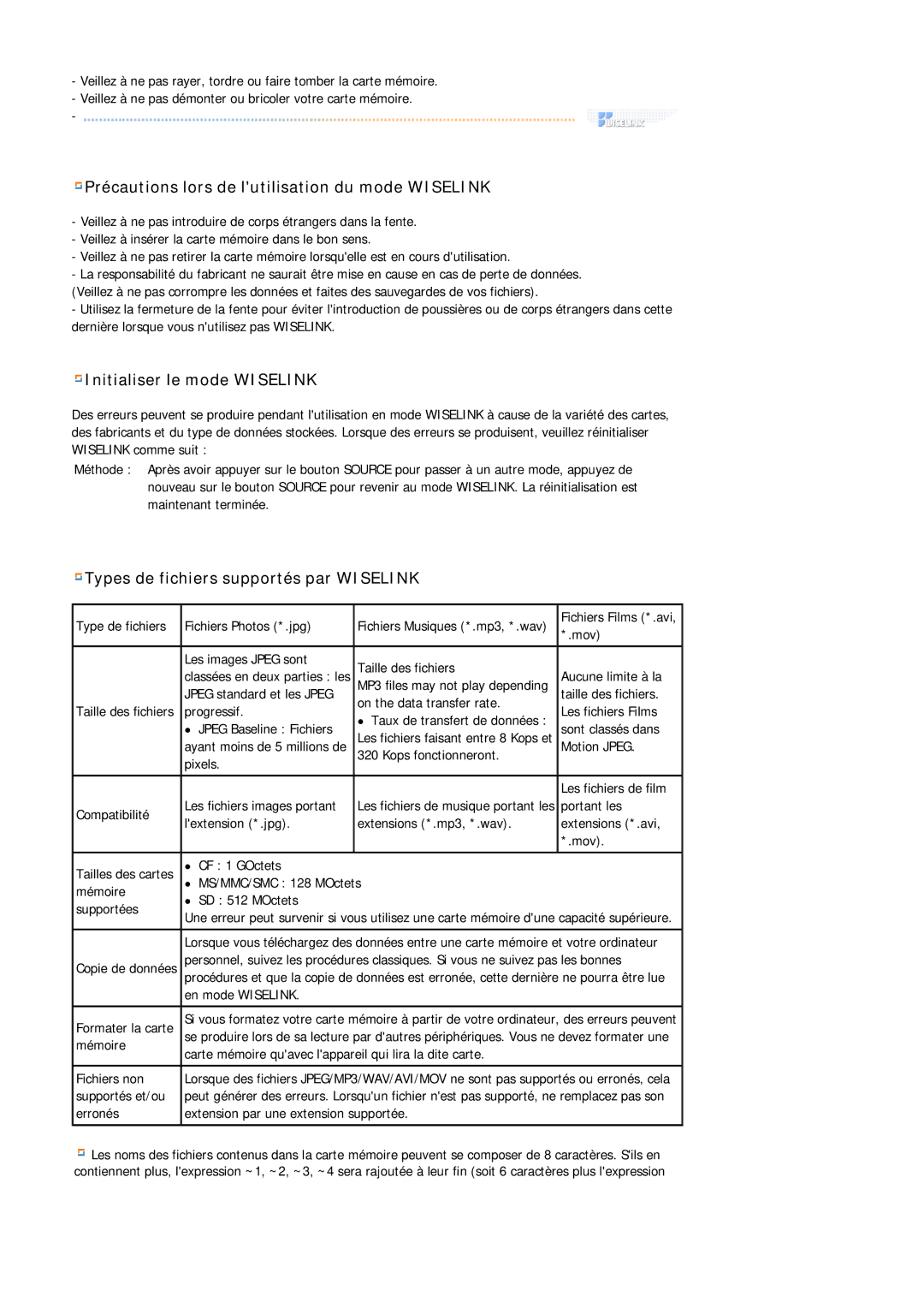 Samsung MH17FSSSU/EDC, MH17FSSS/EDC manual Précautions lors de lutilisation du mode Wiselink 