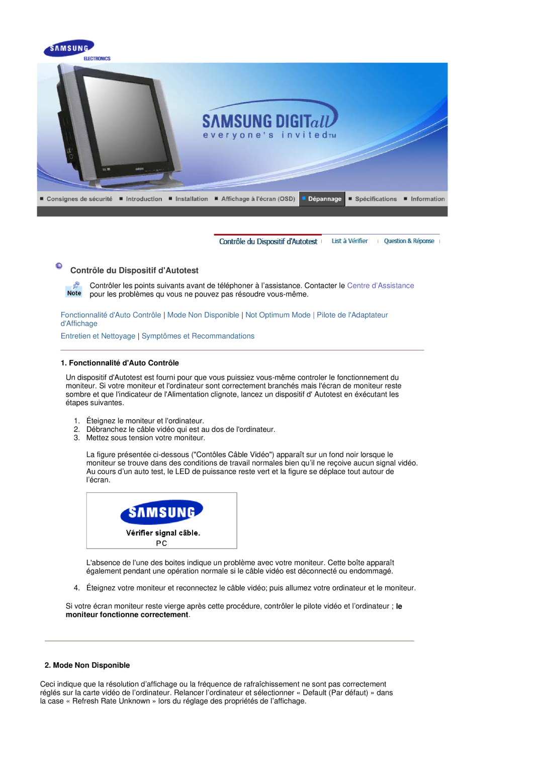 Samsung MH17FSSS/EDC, MH17FSSSU/EDC Contrôle du Dispositif dAutotest, Fonctionnalité dAuto Contrôle, Mode Non Disponible 