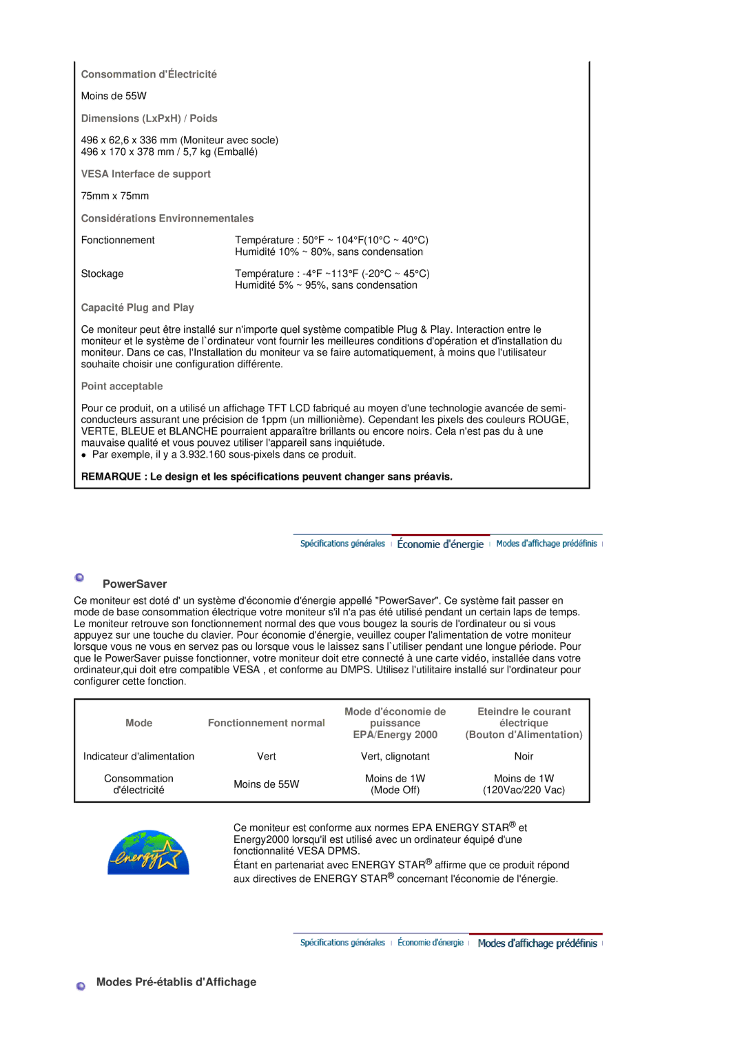 Samsung MH17FSSS/EDC, MH17FSSSU/EDC manual PowerSaver, Modes Pré-établis dAffichage 