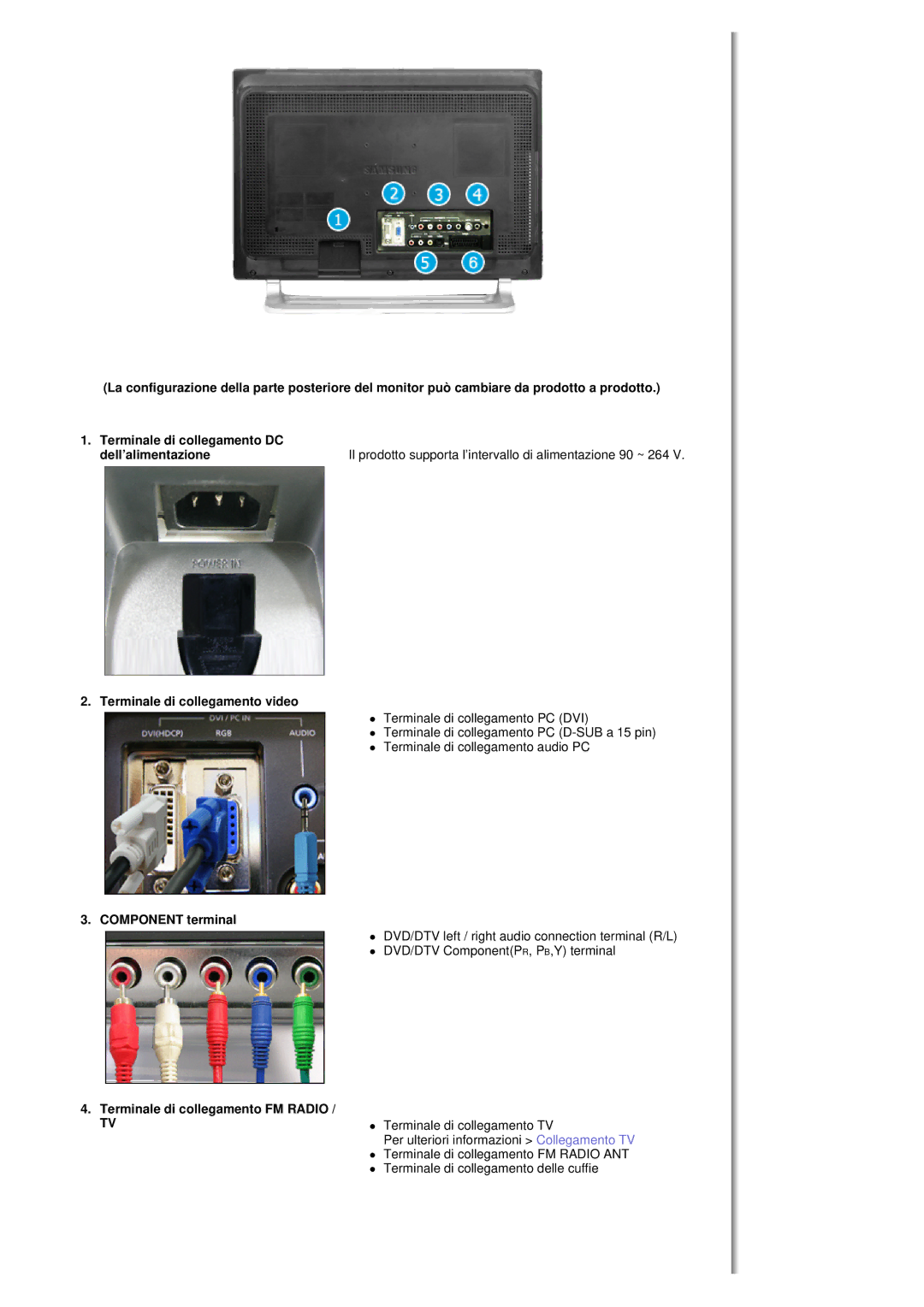 Samsung MH17FSSS/EDC manual Terminale di collegamento video, Component terminal, Terminale di collegamento FM Radio 