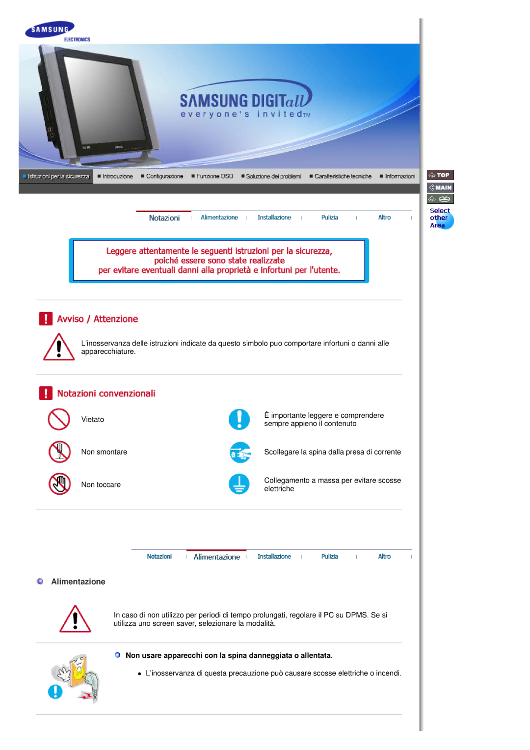 Samsung MH17FSSSU/EDC, MH17FSSS/EDC manual Alimentazione, Non usare apparecchi con la spina danneggiata o allentata 