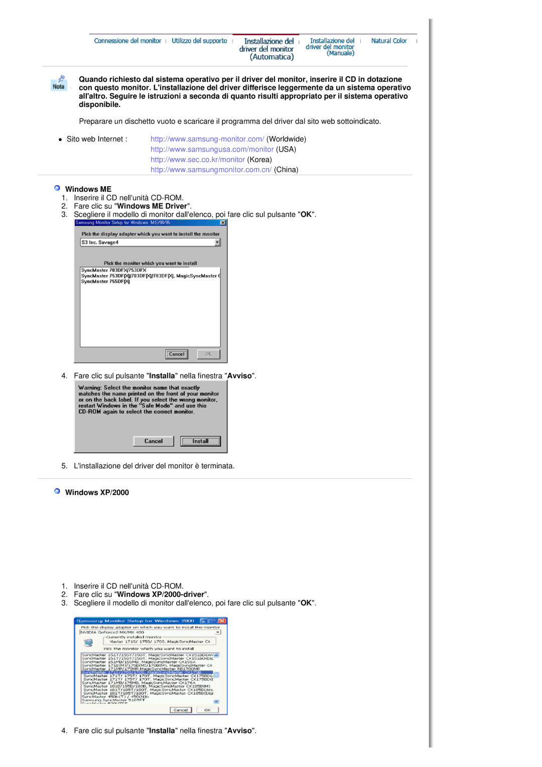 Samsung MH17FSSSU/EDC, MH17FSSS/EDC manual Fare clic su Windows ME Driver, Fare clic su Windows XP/2000-driver 