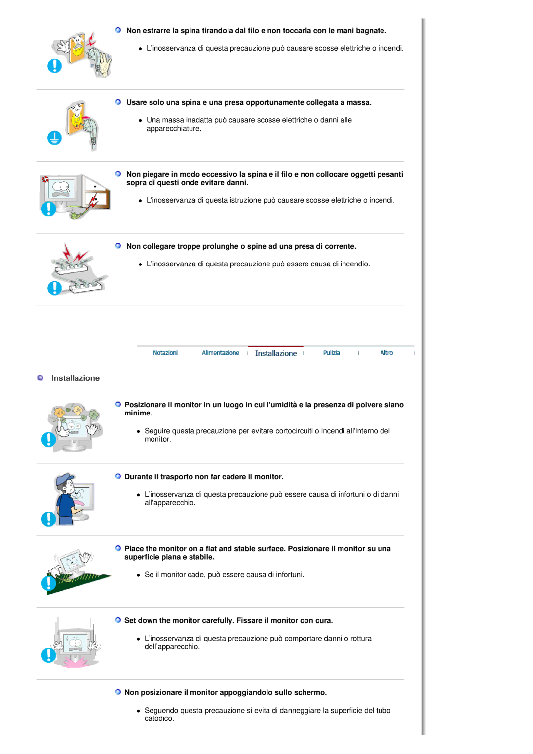 Samsung MH17FSSS/EDC, MH17FSSSU/EDC manual Installazione, Durante il trasporto non far cadere il monitor 