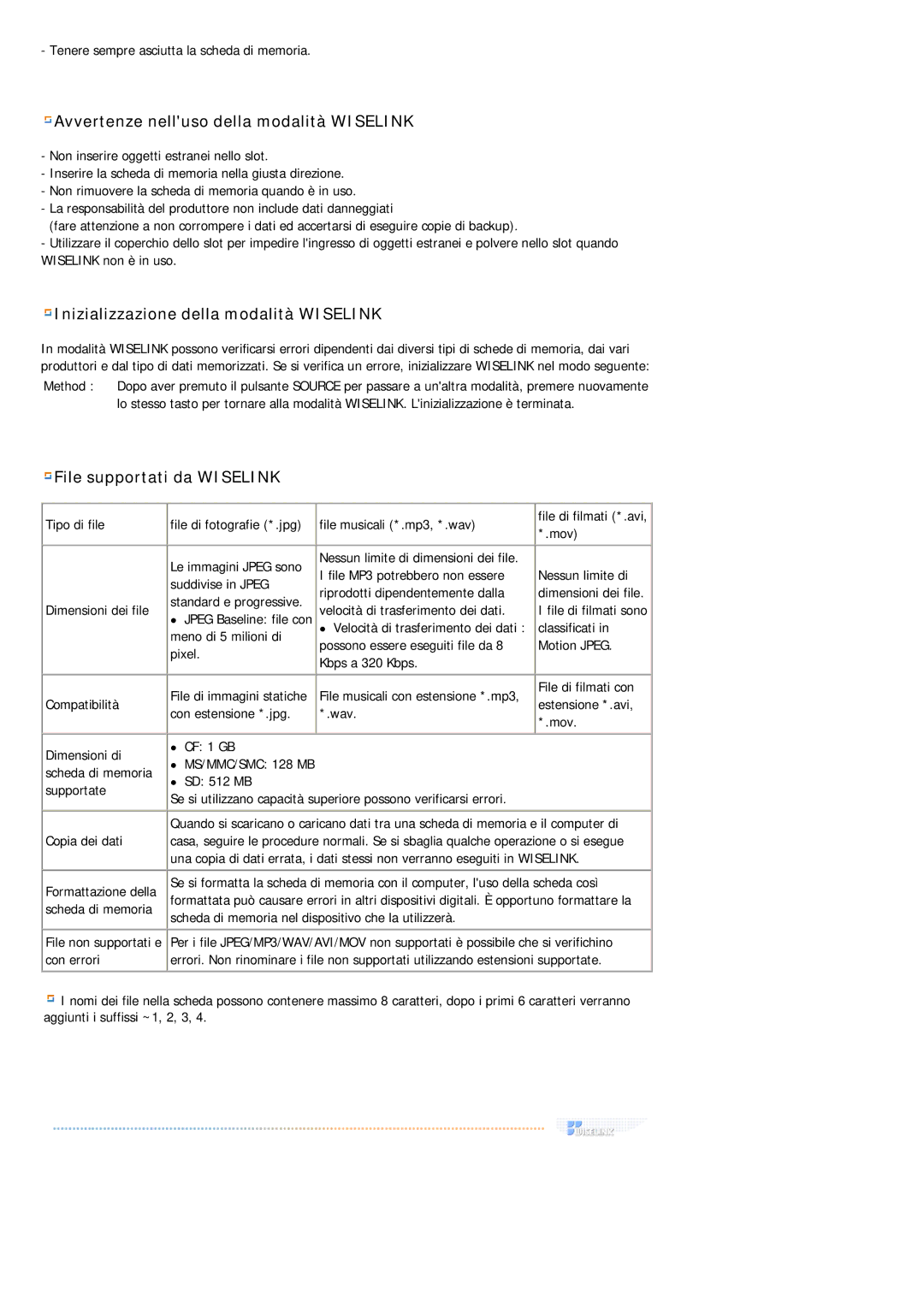 Samsung MH17FSSSU/EDC, MH17FSSS/EDC manual Avvertenze nelluso della modalità Wiselink 