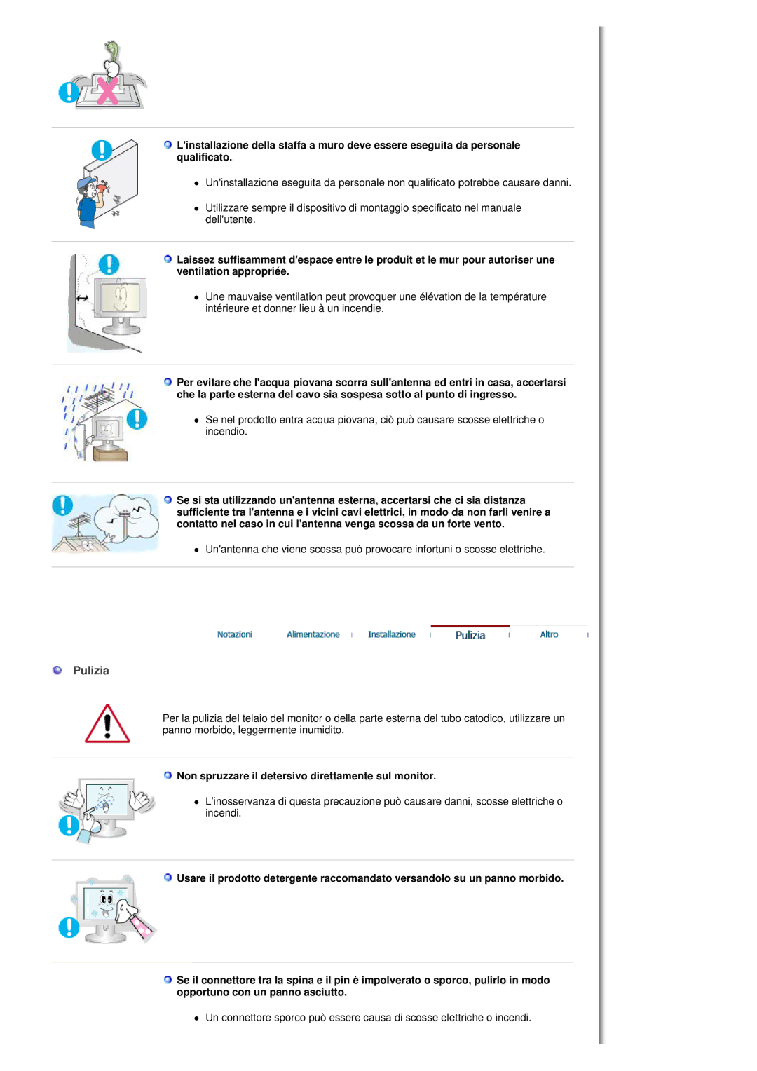 Samsung MH17FSSSU/EDC, MH17FSSS/EDC manual Pulizia, Non spruzzare il detersivo direttamente sul monitor 