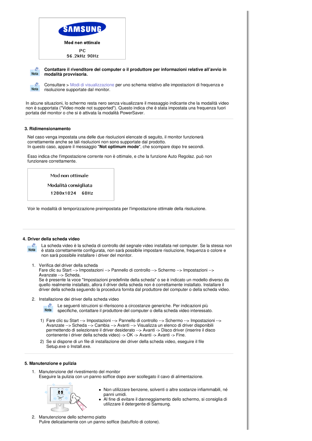 Samsung MH17FSSS/EDC, MH17FSSSU/EDC manual Ridimensionamento, Driver della scheda video, Manutenzione e pulizia 