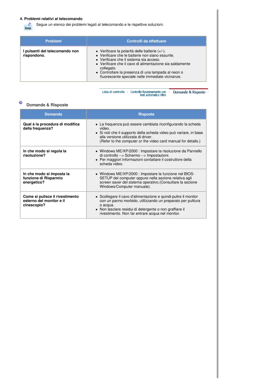 Samsung MH17FSSSU/EDC manual Domande & Risposte, Problemi relativi al telecomando, Pulsanti del telecomando non rispondono 