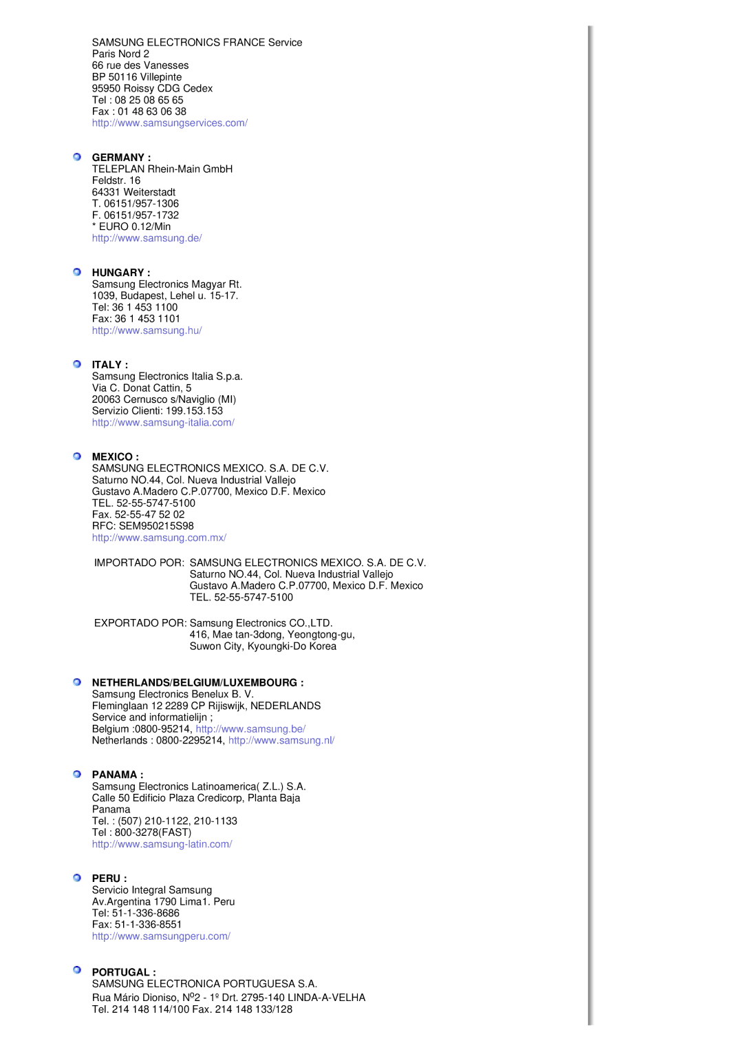 Samsung MH17FSSSU/EDC manual Germany, Hungary, Italy, Mexico, Netherlands/Belgium/Luxembourg, Panama, Peru, Portugal 