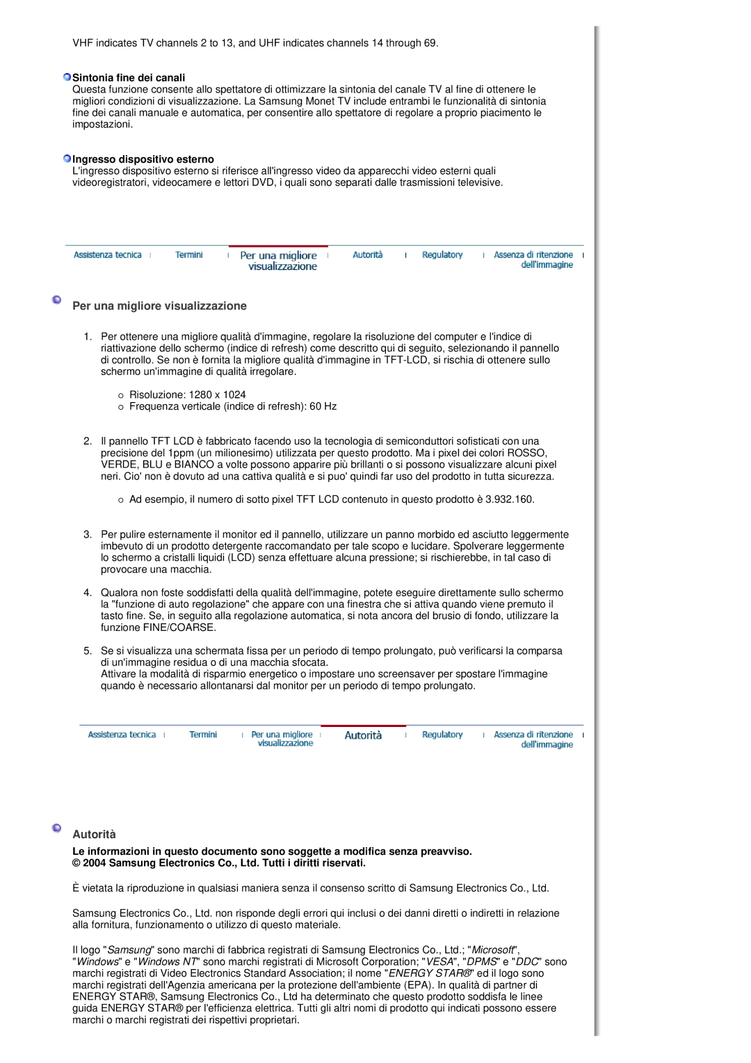 Samsung MH17FSSS/EDC Per una migliore visualizzazione, Autorità, Sintonia fine dei canali, Ingresso dispositivo esterno 