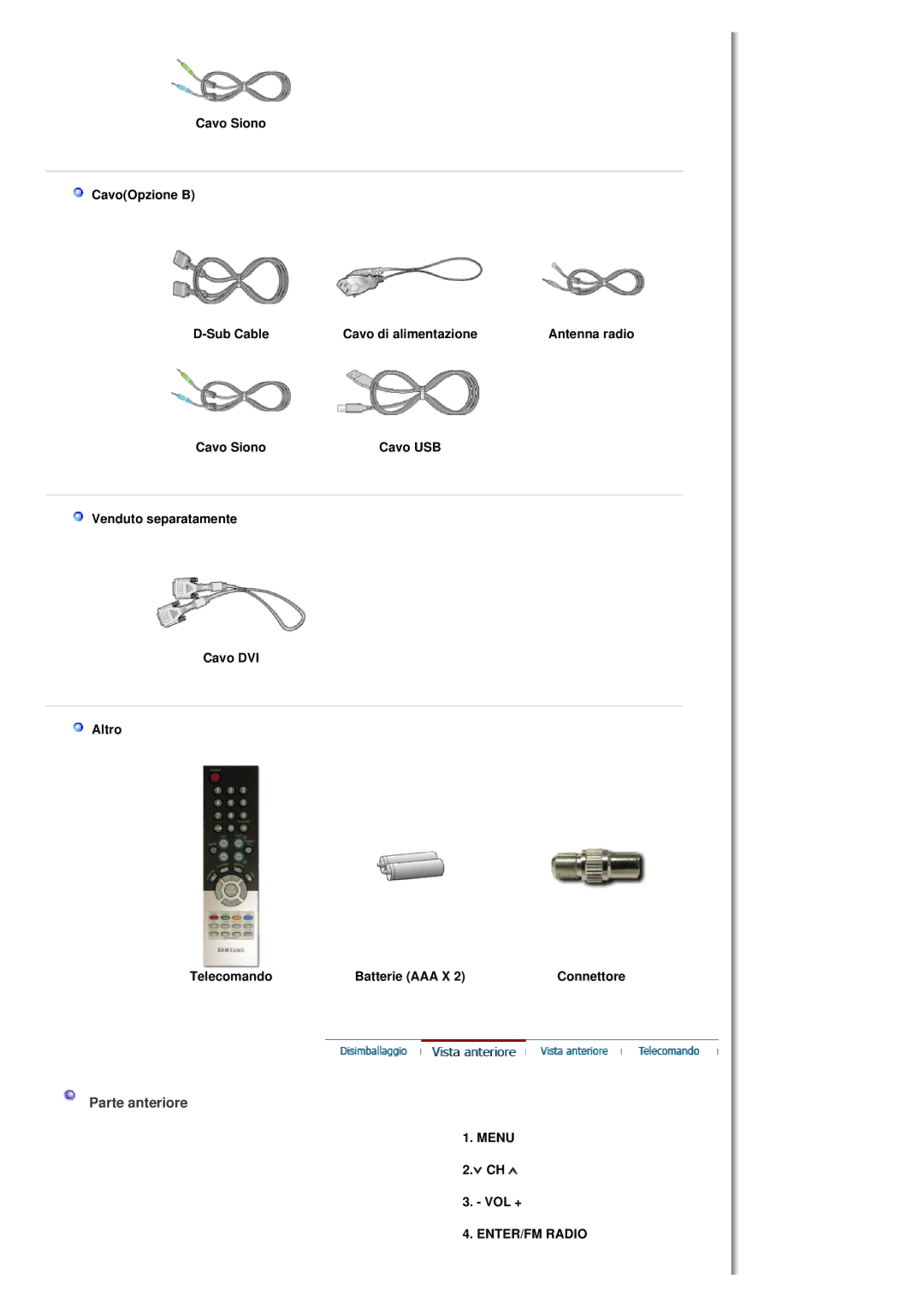 Samsung MH17FSSS/EDC, MH17FSSSU/EDC Parte anteriore, Cavo Siono CavoOpzione B Sub Cable Cavo di alimentazione, Menu, Vol + 