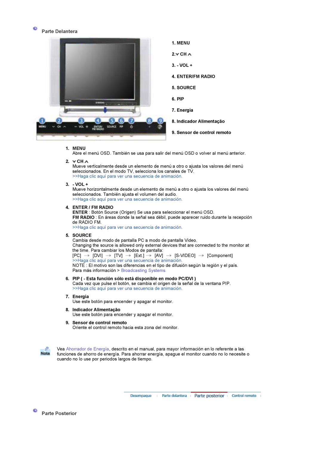 Samsung MH17FSSS/EDC, MH17FSSSU/EDC manual Parte Delantera, Parte Posterior, Menu, ENTER/FM Radio Source, Enter / FM Radio 