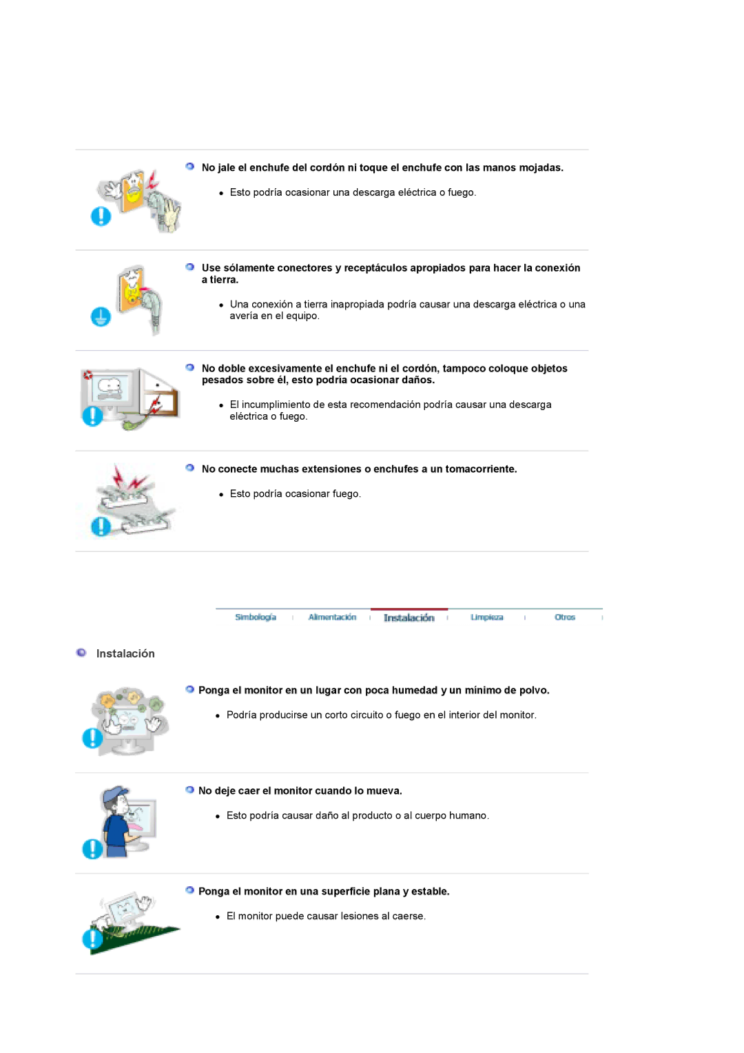 Samsung MH17FSSS/EDC, MH17FSSSU/EDC manual Instalación, No conecte muchas extensiones o enchufes a un tomacorriente 