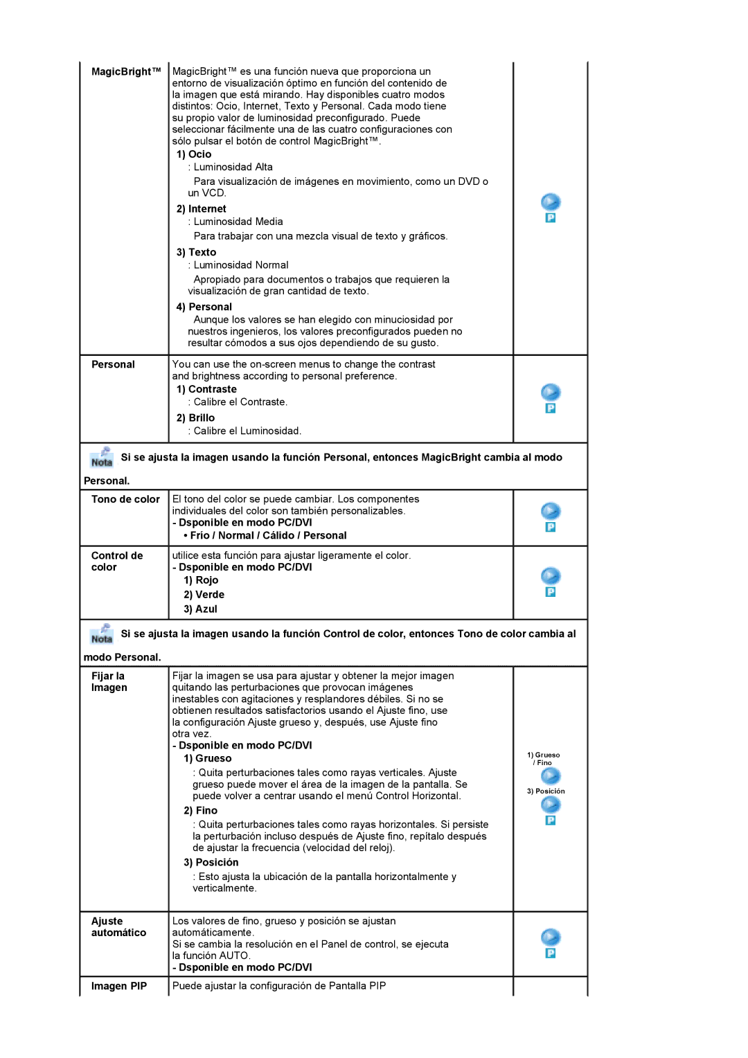 Samsung MH17FSSSU/EDC manual Ocio, Internet, Texto, Personal, Contraste, Brillo, Imagen, Grueso, Fino, Ajuste, Automático 