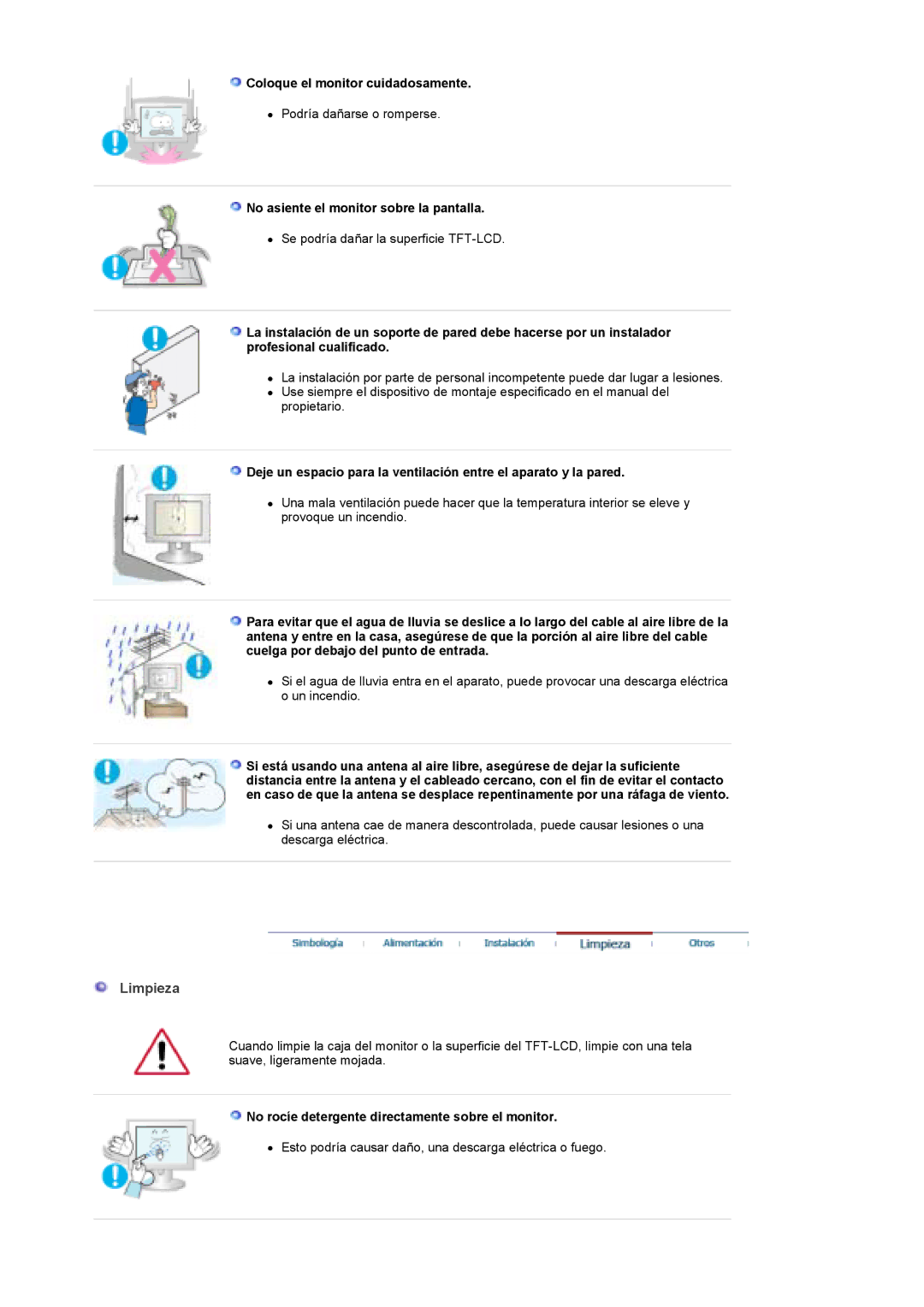 Samsung MH17FSSSU/EDC, MH17FSSS/EDC Limpieza, Coloque el monitor cuidadosamente, No asiente el monitor sobre la pantalla 