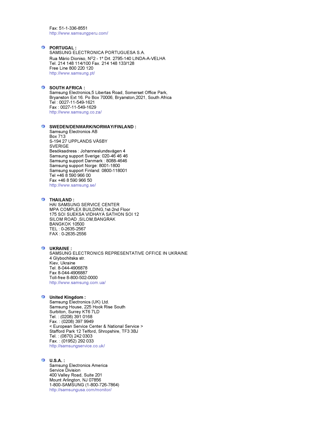 Samsung MH17FSSSU/EDC, MH17FSSS/EDC manual Portugal, South Africa, Sweden/Denmark/Norway/Finland, Thailand, Ukraine 