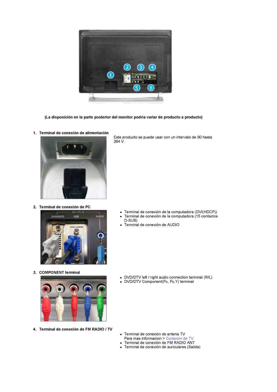 Samsung MH17FSSSU/EDC, MH17FSSS/EDC Terminal de conexión de PC, Component terminal, Terminal de conexión de FM Radio / TV 