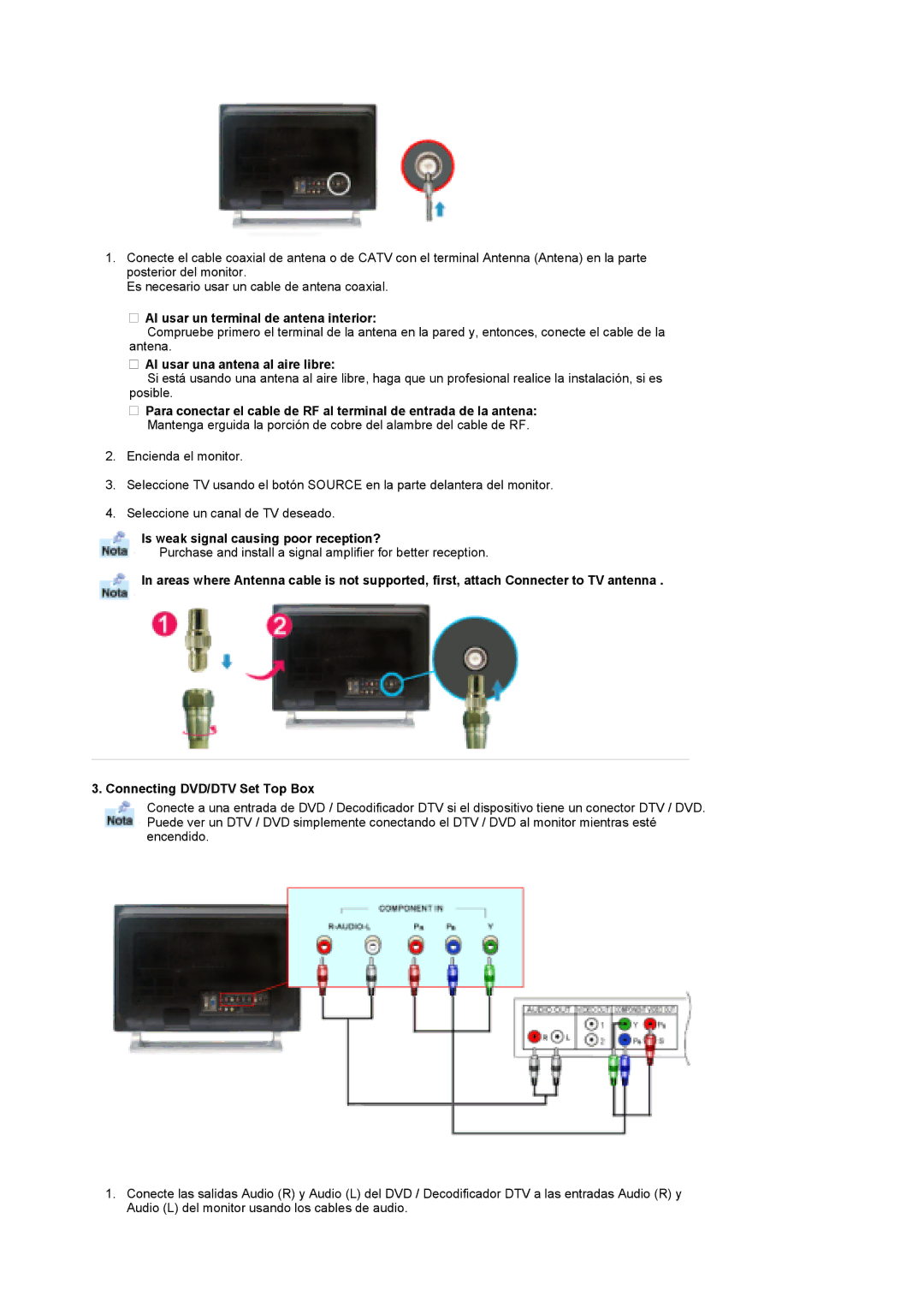 Samsung MH17FSSS/EDC, MH17FSSSU/EDC manual Al usar un terminal de antena interior, Al usar una antena al aire libre 