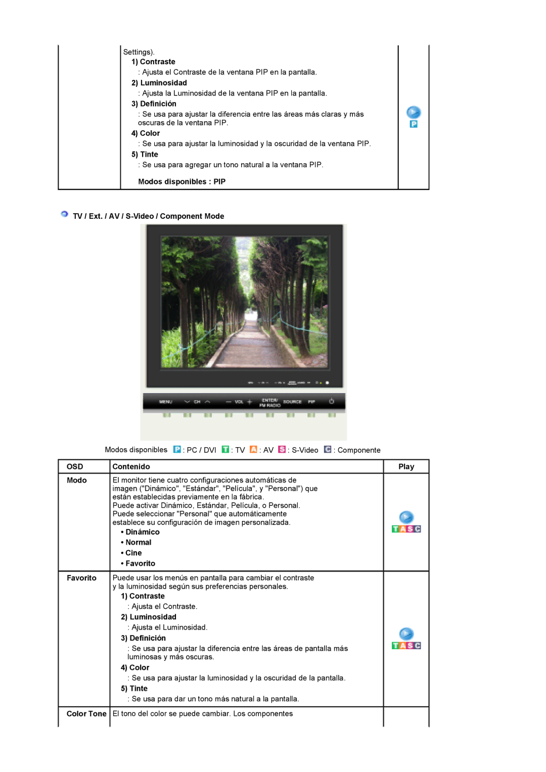 Samsung MH17FSSS/EDC, MH17FSSSU/EDC manual Definición, Color, Tinte, Contenido Play Modo, Dinámico Normal Cine Favorito 