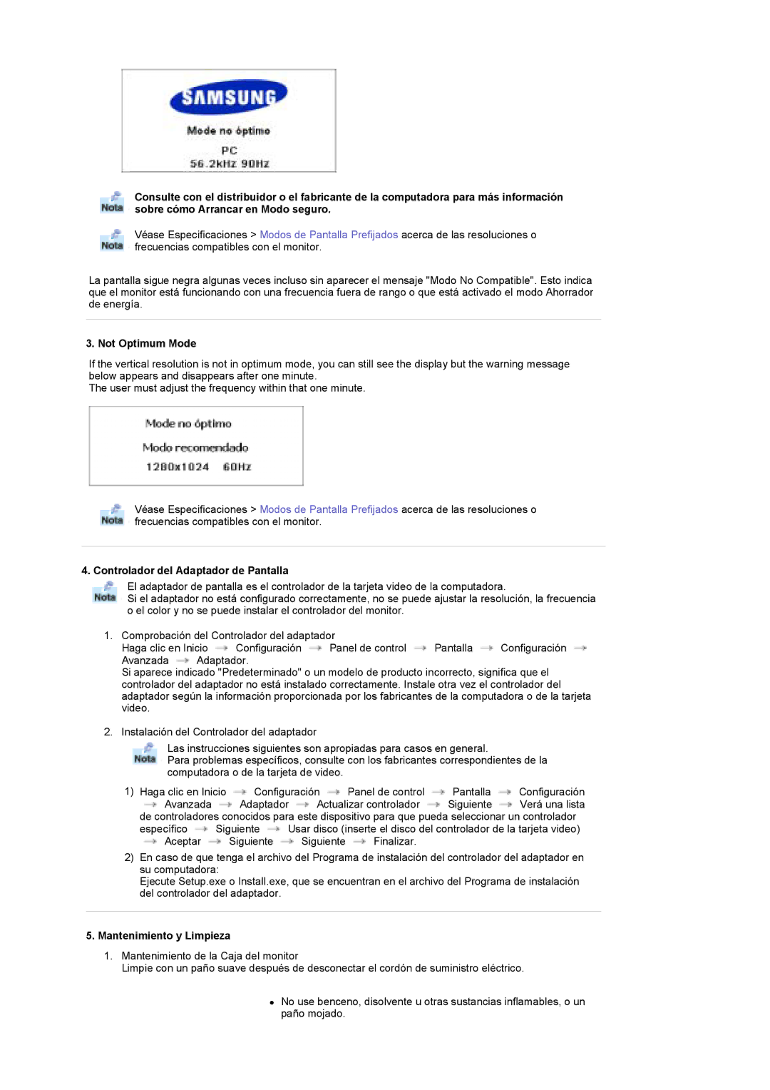 Samsung MH17FSSSU/EDC, MH17FSSS/EDC manual Not Optimum Mode, Controlador del Adaptador de Pantalla, Mantenimiento y Limpieza 