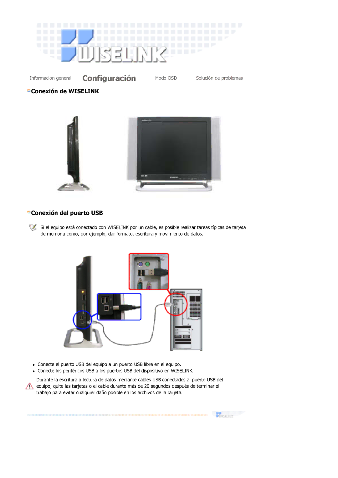 Samsung MH17FSSSU/EDC, MH17FSSS/EDC manual Conexión de Wiselink Conexión del puerto USB 