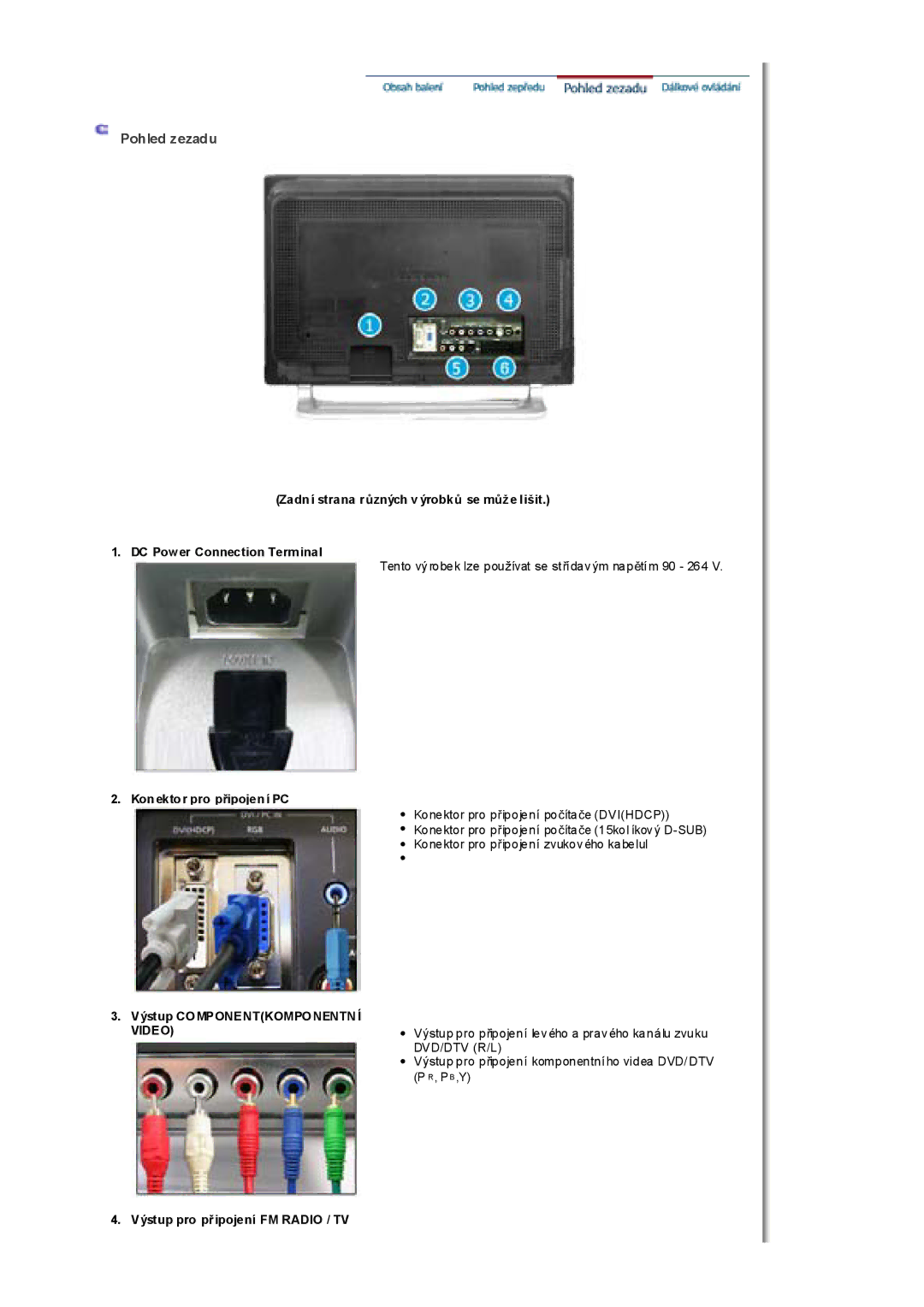 Samsung MH17FSSSU/EDC, MH17FSSS/EDC manual Pohled zezadu, Kon ekto r pro pĜipojen í PC, Výstup Componentkomponentn Í Video 