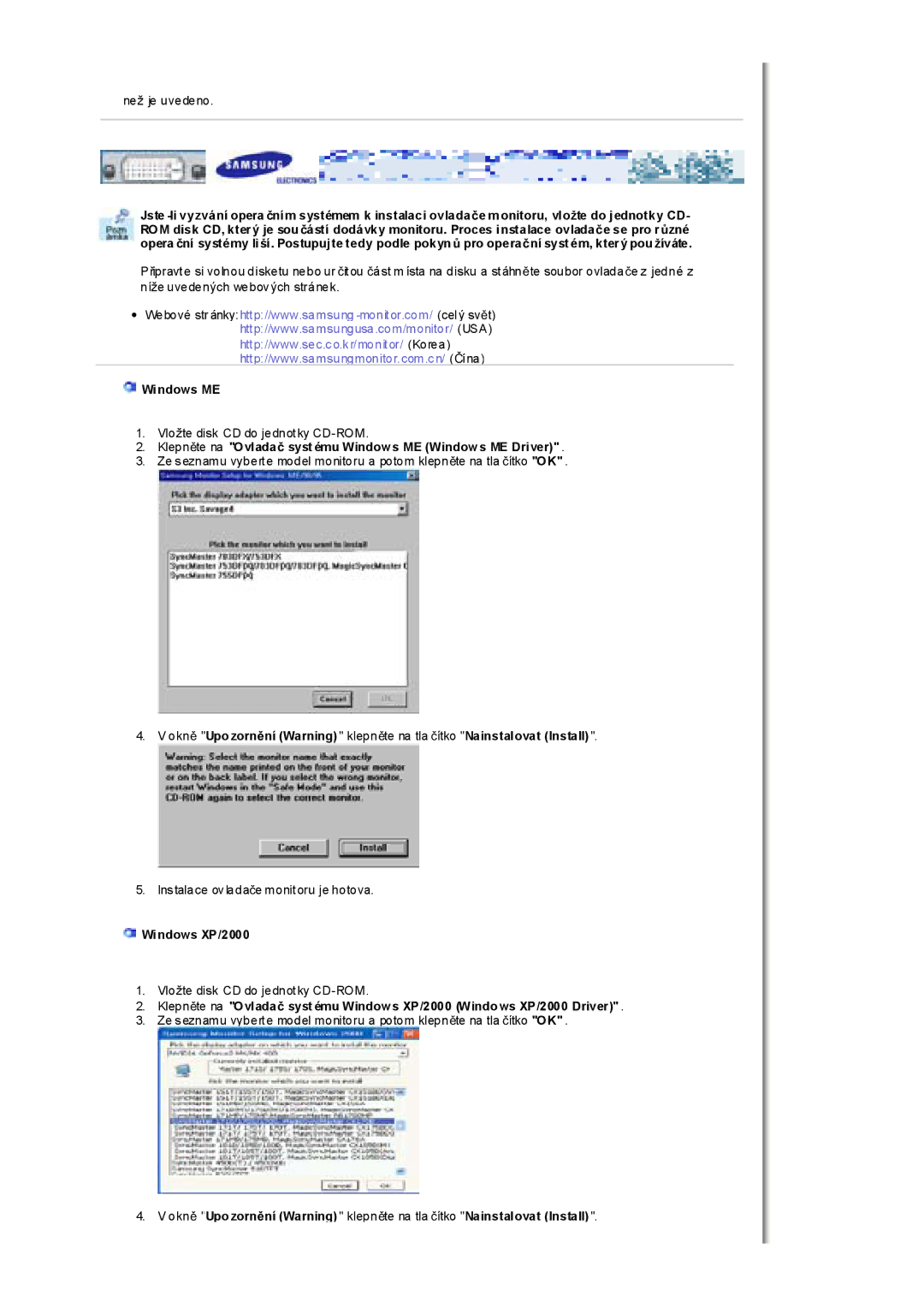 Samsung MH17FSSS/EDC, MH17FSSSU/EDC manual KlepnČte na Ovladaþ syst ému Windows ME Windows ME Driver, Windows XP/2000 