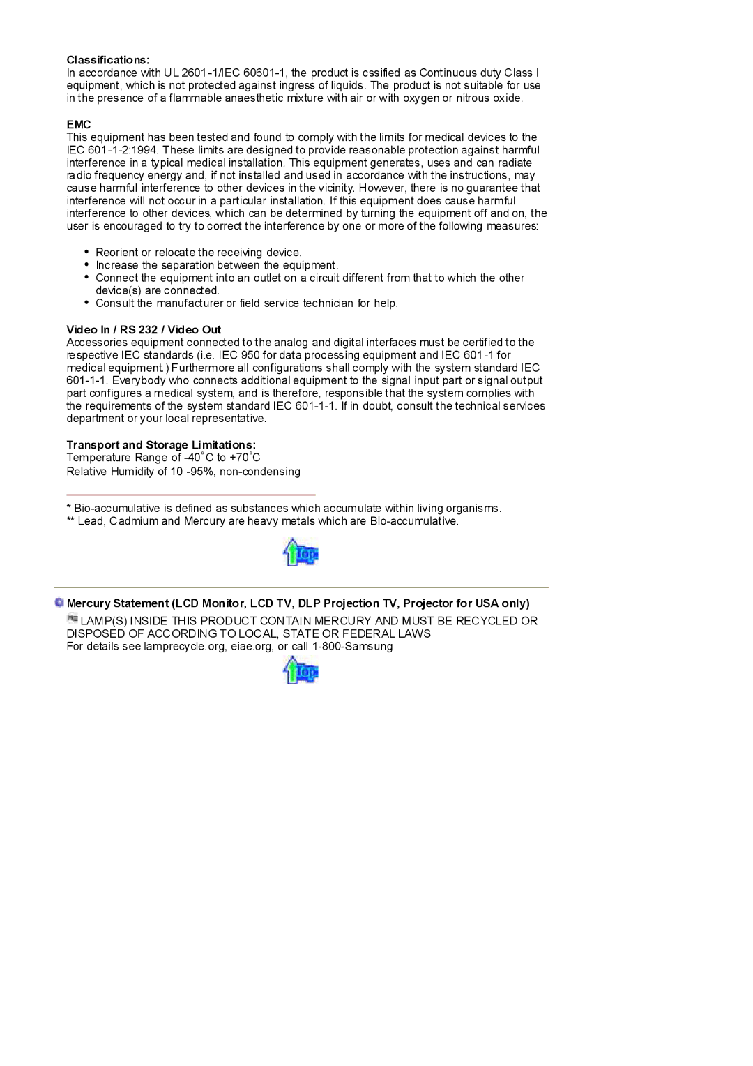 Samsung MH17FSSSU/EDC, MH17FSSS/EDC manual Classifications, Video In / RS 232 / Video Out, Transport and Storage Limitations 