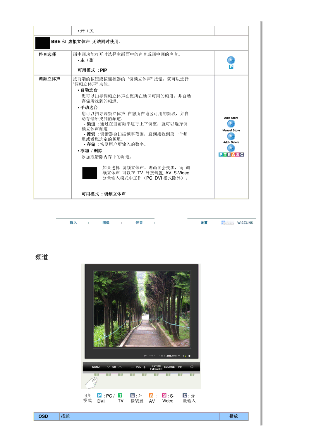 Samsung MH17FSSS/EDC, MH17FSSSU/EDC manual Bbe 和 虚拟立体声 无法同时使用。, 自动选台, 手动选台, 添加 / 删除, 可用模式 调频立体声 