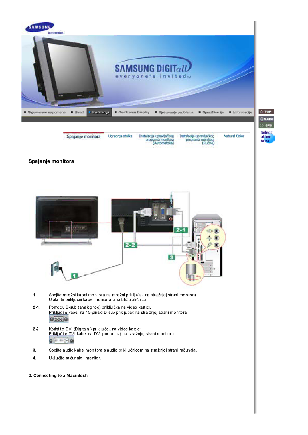 Samsung MH17FSSSU/EDC, MH17FSSS/EDC manual Spajanje monitora, Connecting to a Macintosh 