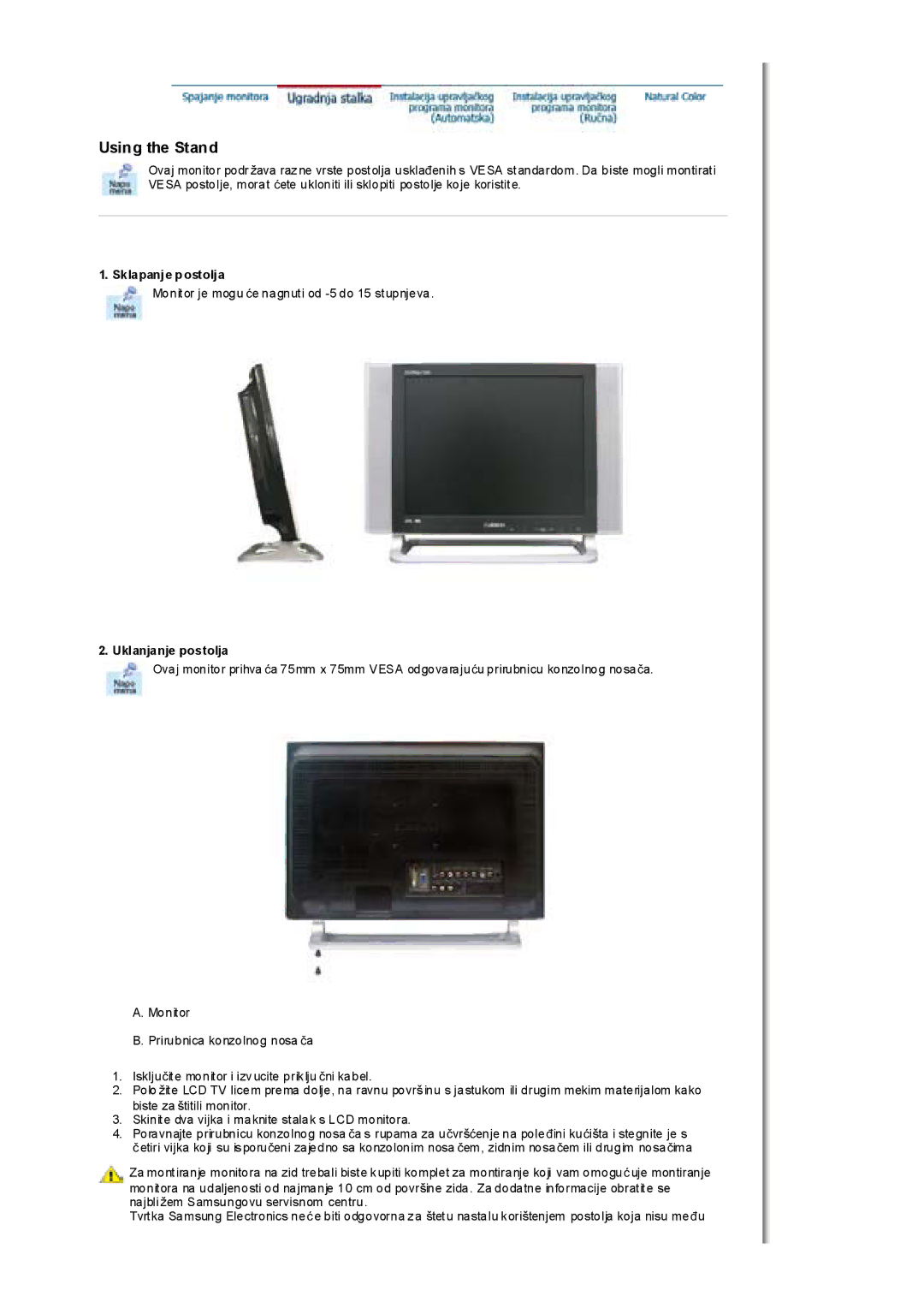 Samsung MH17FSSSU/EDC, MH17FSSS/EDC manual Sklapanje postolja, Uklanjanje postolja 