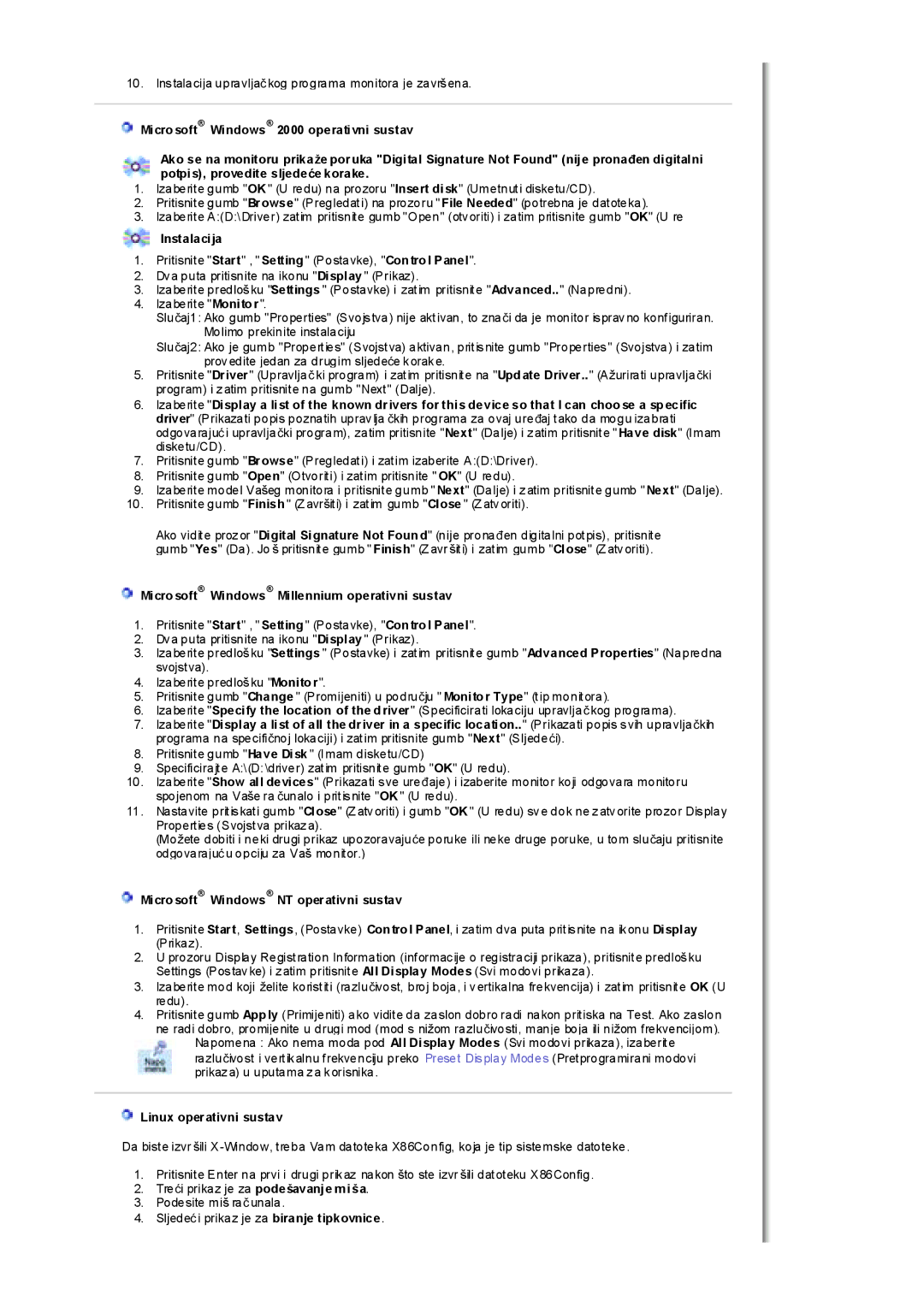 Samsung MH17FSSS/EDC Instalacija, Microsoft Windows Millennium operativni sustav, Microsoft Windows NT operativni sustav 