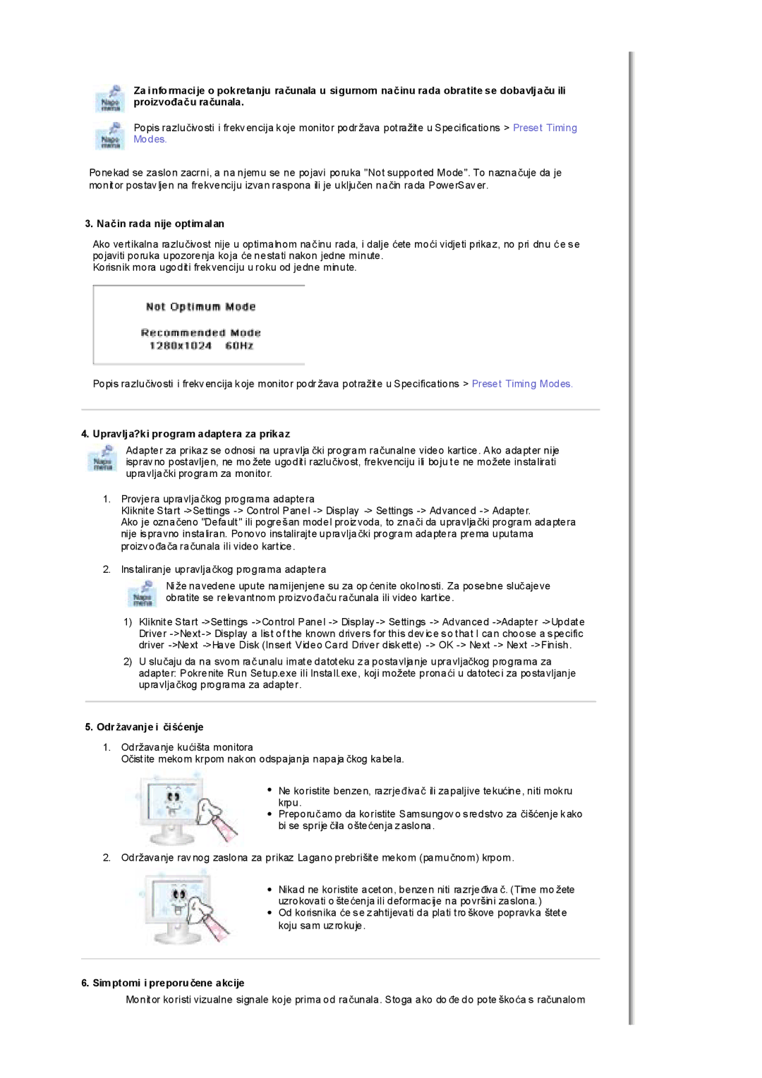 Samsung MH17FSSSU/EDC manual Naþin rada nije optimalan, Upravlja?ki program adaptera za prikaz, Održavanje i þišüenje 