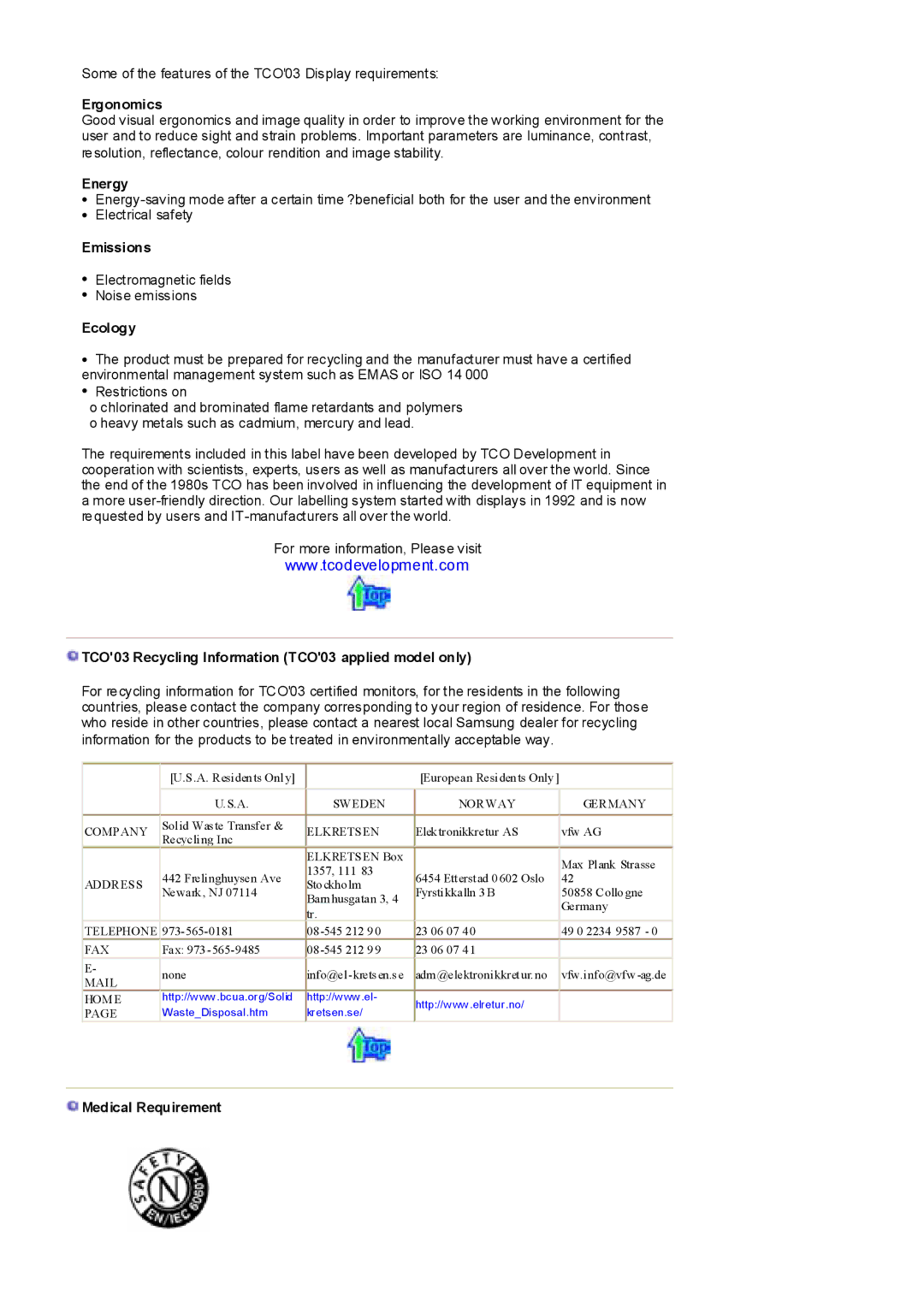 Samsung MH17FSSSU/EDC manual Ergonomics, Energy, Emissions, Ecology, TCO03 Recycling Information TCO03 applied model only 