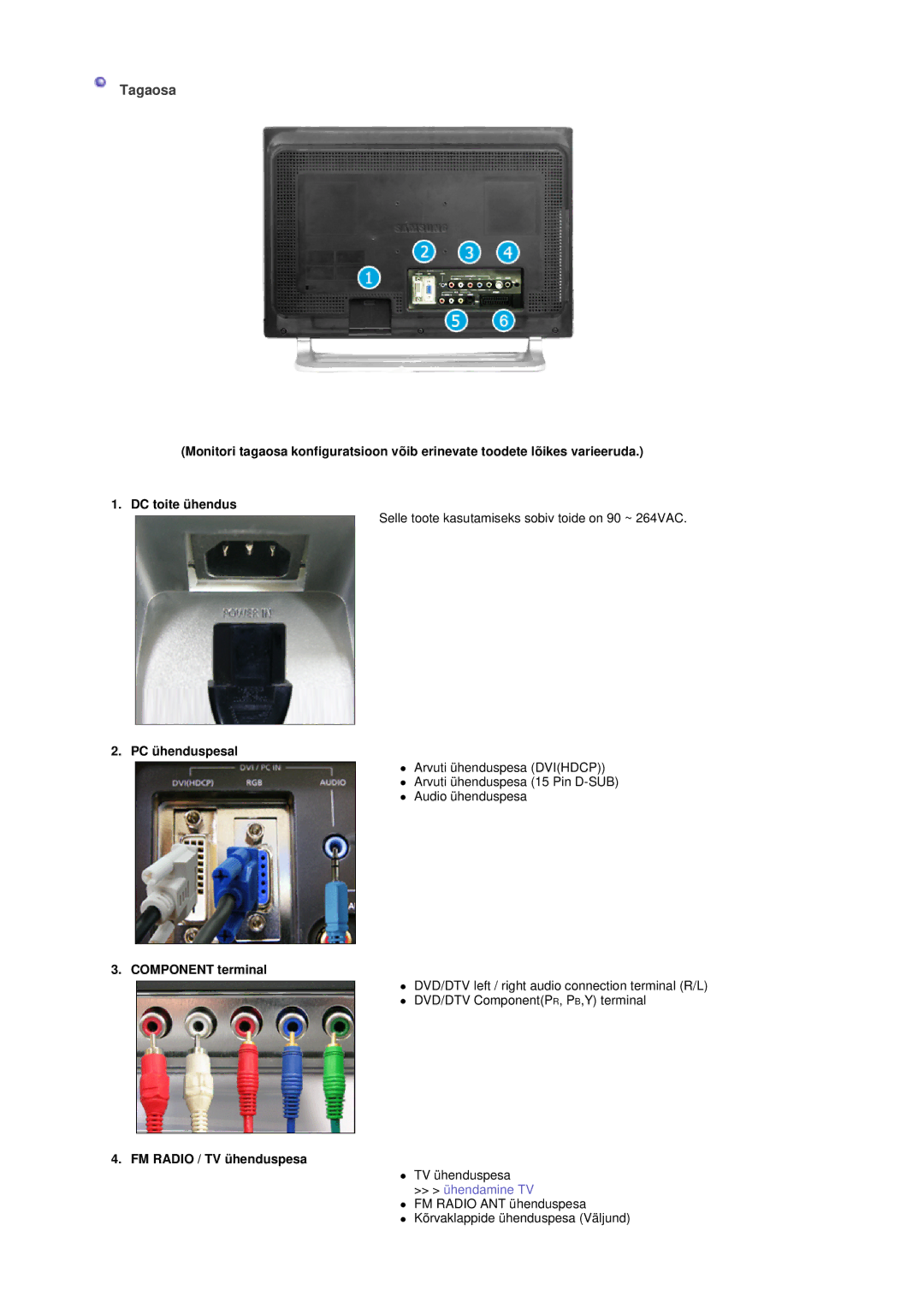 Samsung MH17FSSSU/EDC manual Tagaosa, PC ühenduspesal, Component terminal, FM Radio / TV ühenduspesa 