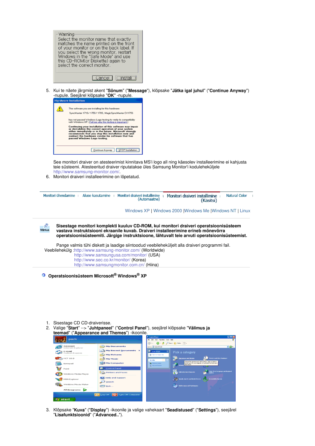 Samsung MH17FSSSU/EDC manual Windows XP Windows 2000 Windows Me Windows NT Linux, Operatsioonisüsteem Microsoft Windows XP 