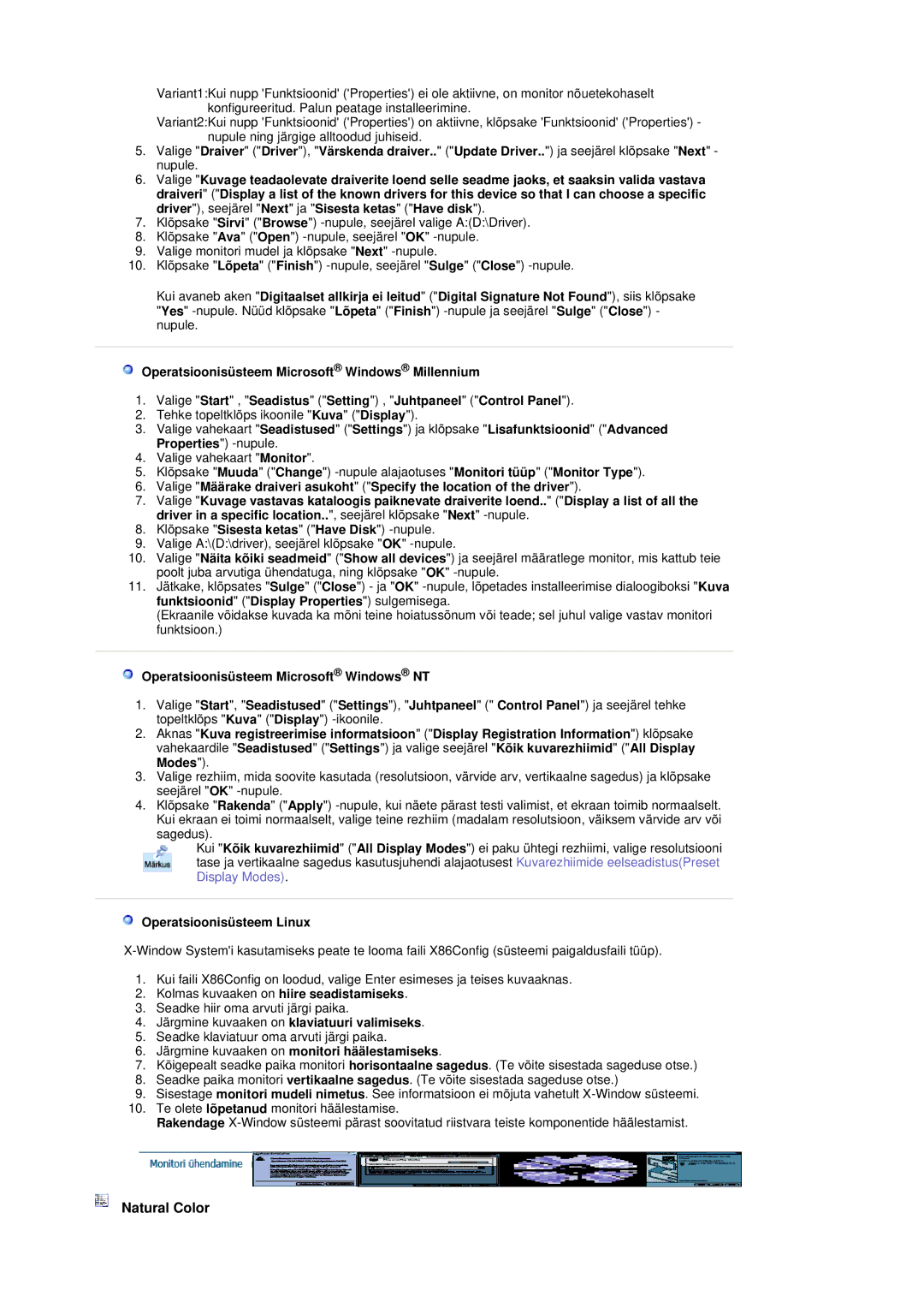 Samsung MH17FSSSU/EDC manual Natural Color, Operatsioonisüsteem Linux, Järgmine kuvaaken on monitori häälestamiseks 