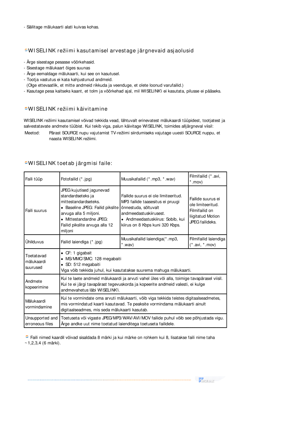 Samsung MH17FSSSU/EDC manual Wiselink režiimi kasutamisel arvestage järgnevaid asjaolusid 