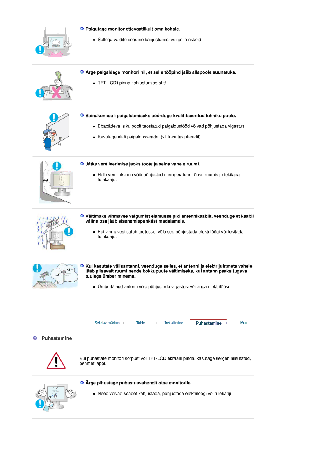 Samsung MH17FSSSU/EDC manual Puhastamine, Paigutage monitor ettevaatlikult oma kohale 