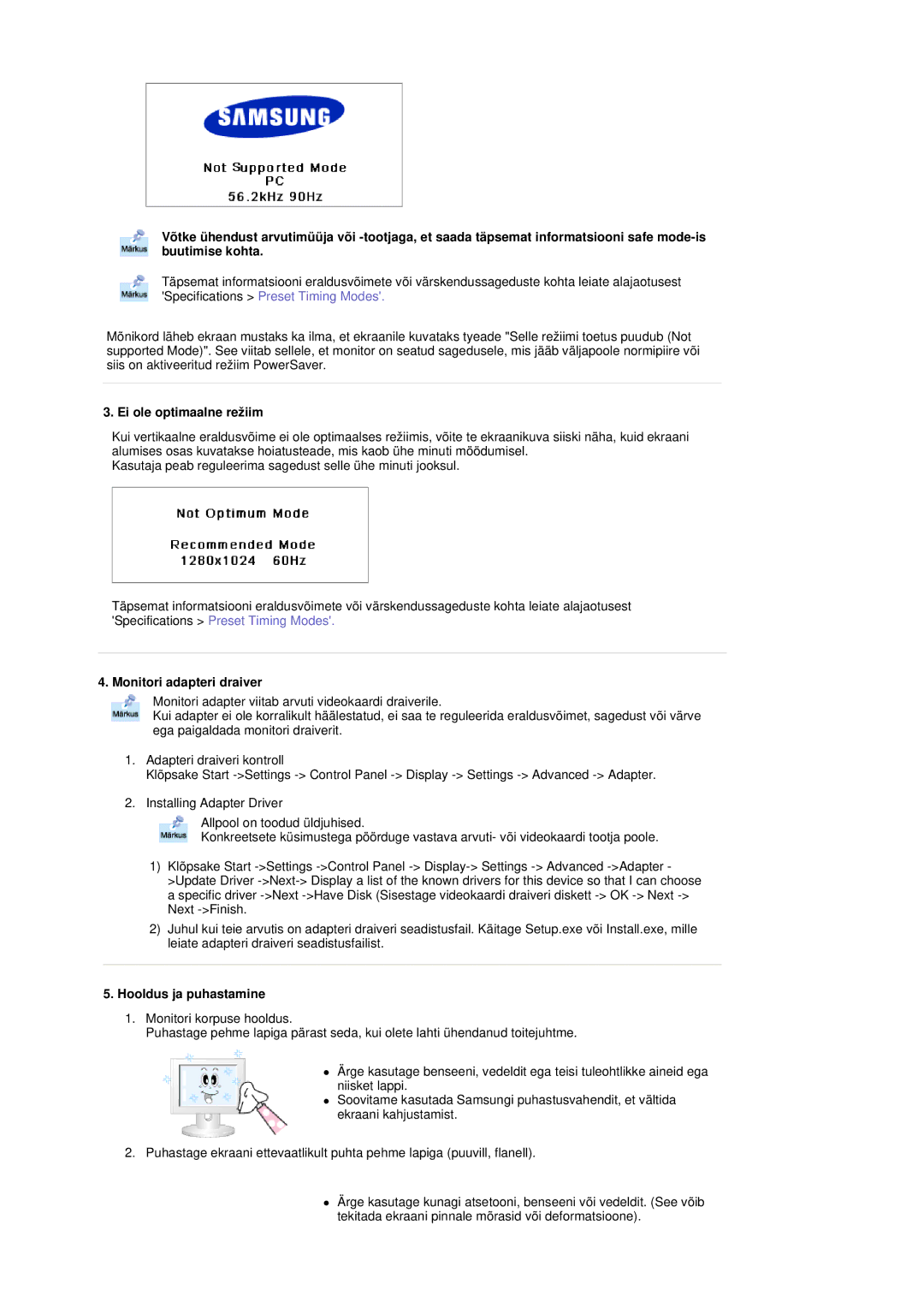 Samsung MH17FSSSU/EDC manual Ei ole optimaalne režiim, Monitori adapteri draiver, Hooldus ja puhastamine 